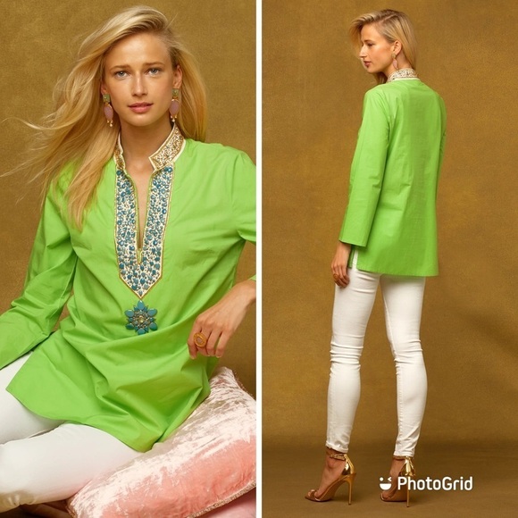 Nicoblu Madison Tunic in Lime Green Embellished in Gold & Semiprecious Stones 4X - Picture 1 of 8